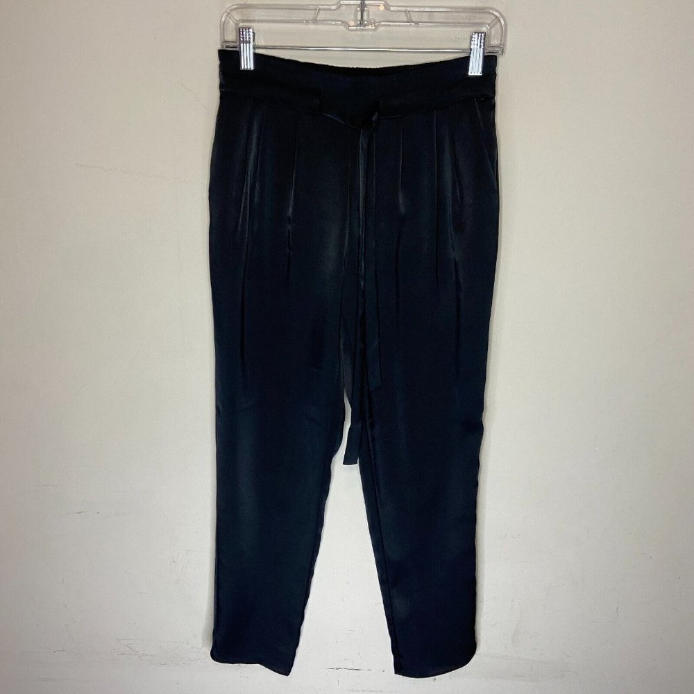 The Reset R Label Women XS Tie Waist Pant Black Satin Slim Leg Pockets Polyester